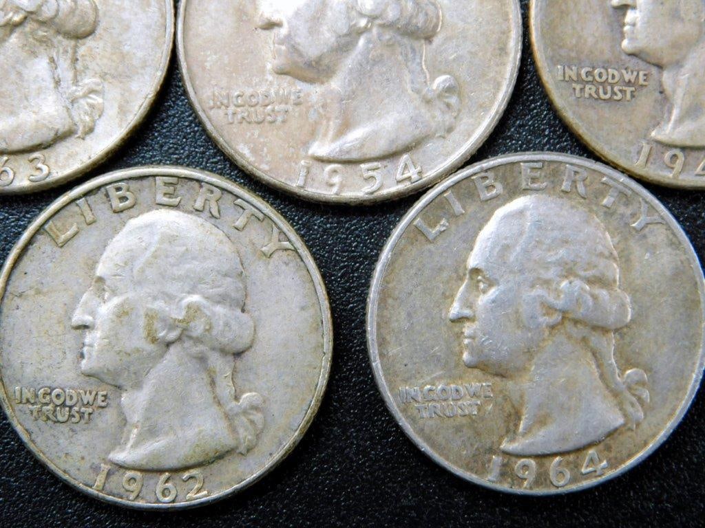 Five 90% Silver Washington Quarters, 1954-1964 - 3