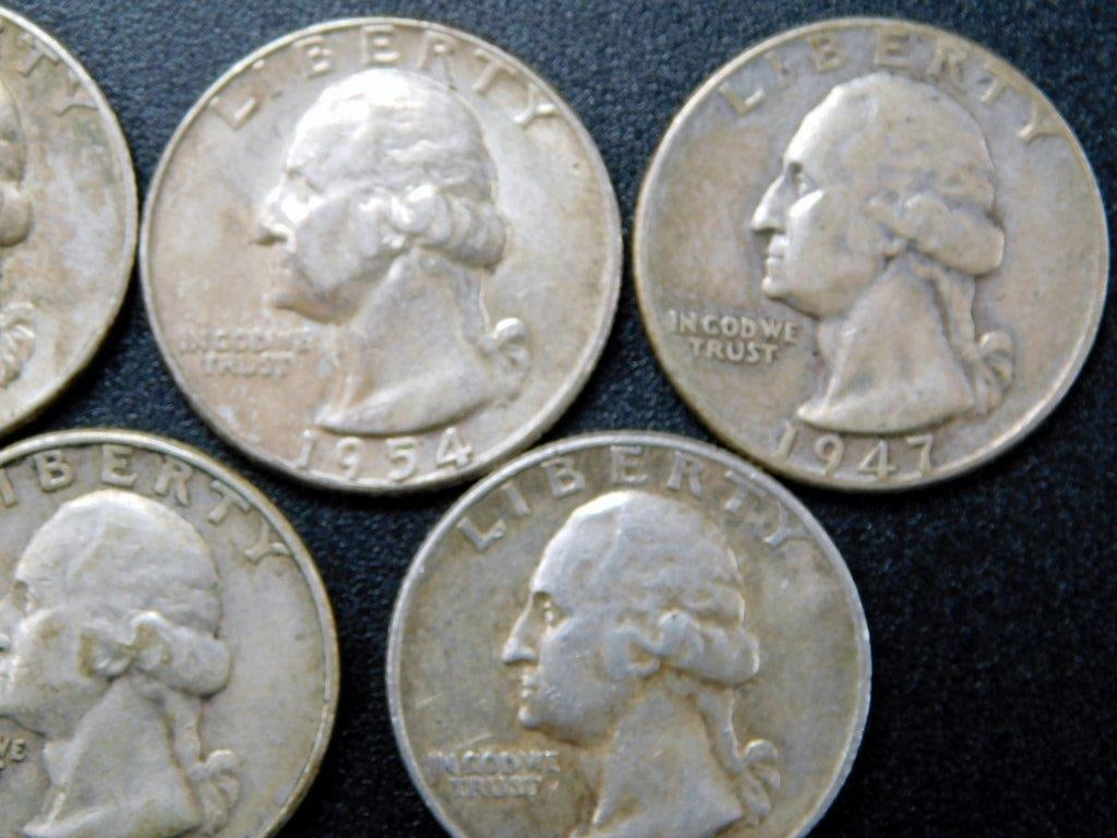 Five 90% Silver Washington Quarters, 1954-1964 - 4