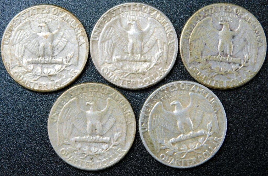 Five 90% Silver Washington Quarters, 1954-1964 - 5