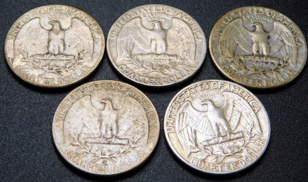 Five 90% Silver Washington Quarters, 1954-1964 - 6
