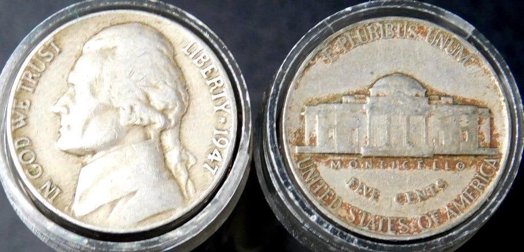 Jefferson Nickels in Two Plastic Tubes, Unsearched: Coins on top are shown as when opened Two transparent plastic tubes containing Jefferson nickels The coins feature the profile of Thomas Jefferson on the obverse and Monticello on the reverse The