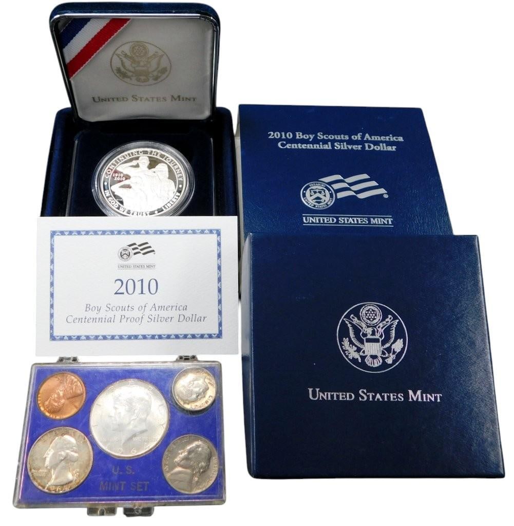 Boy Scouts of America 2010 Centennial Silver Dollar and 1964 U.S. Mint Set: A 2010 Boy Scouts of America Centennial Proof Silver Dollar issued by the United States Mint, including its original presentation box, certificate of authenticity, and protective case Additionally, a 