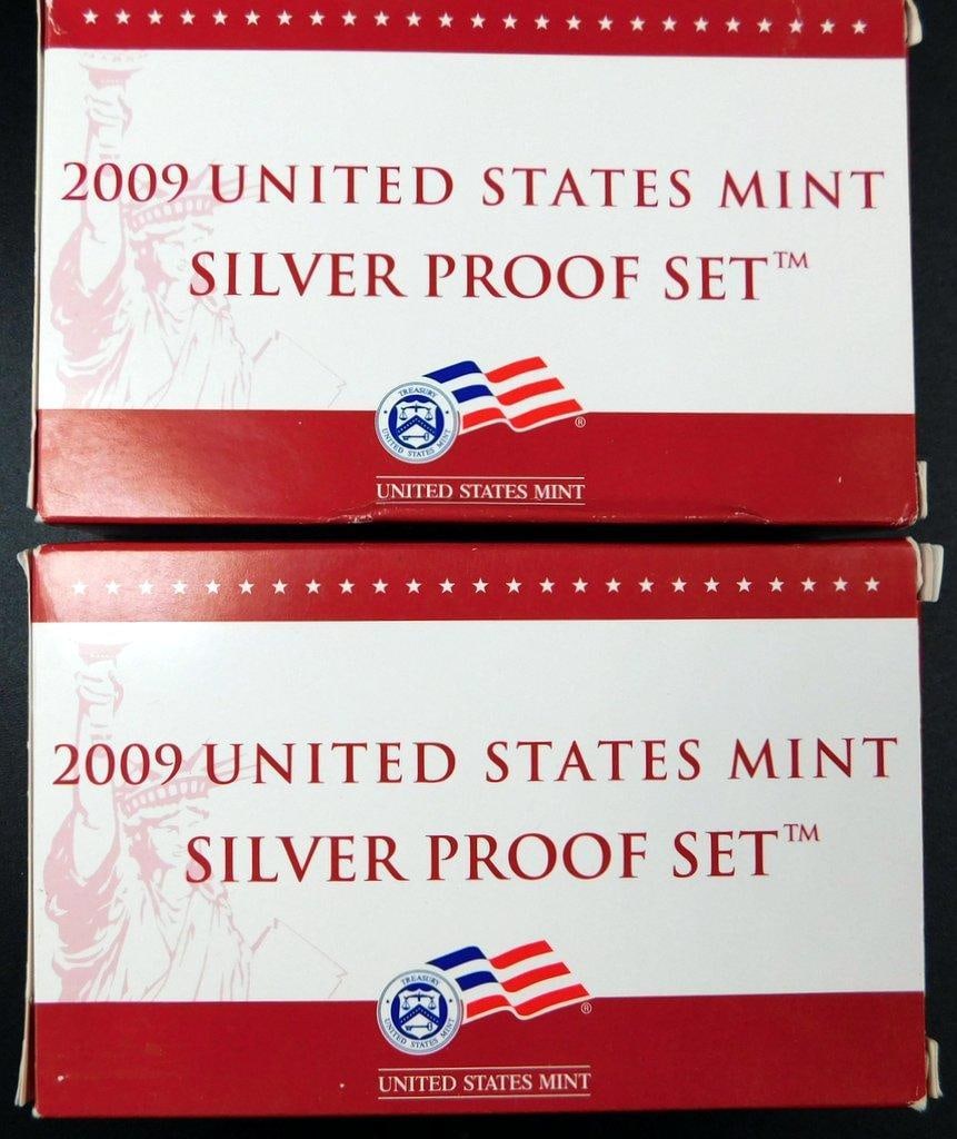 2009 United States Mint Silver Proof Sets, (2 Sets): Two sets of 2009 United States Mint Silver Proof Sets Each set contains silver proof coins showcasing a detailed finish, packaged in the original United States Mint boxes with themed artwork Includes 