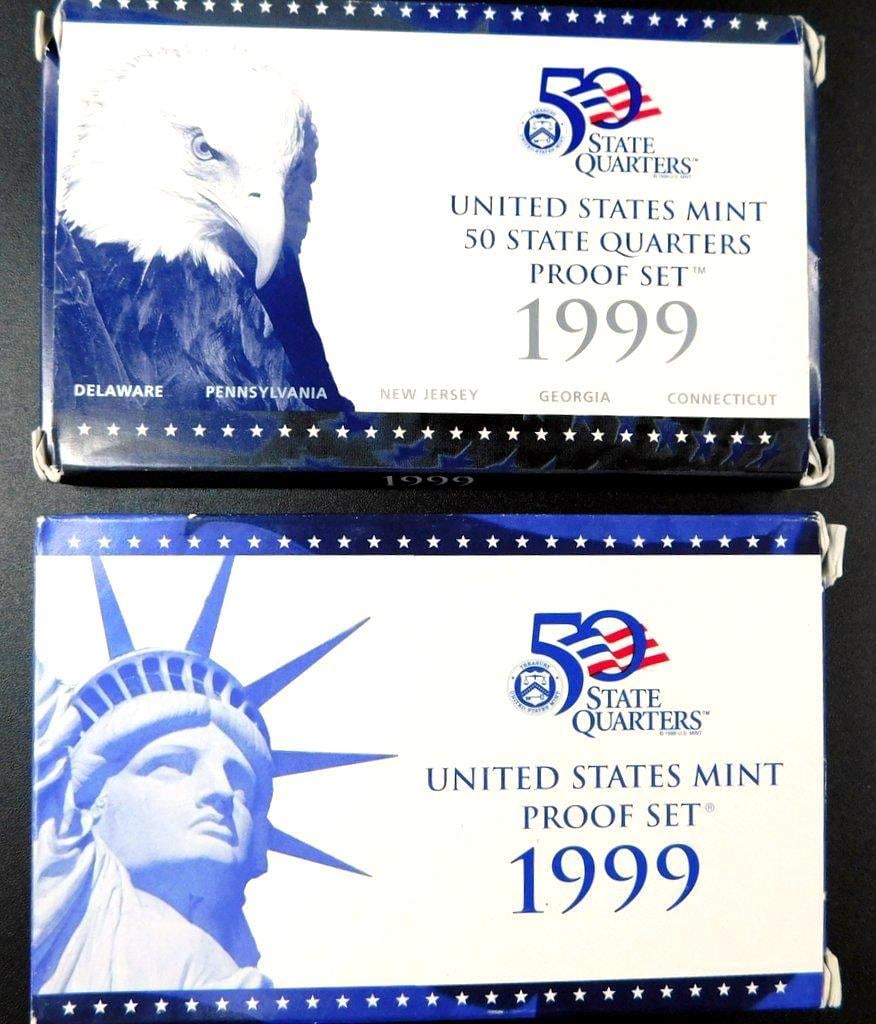 1999 United States Mint 50 State Quarters Proof Set, 2 Sets: 1999 United States Mint 50 State Quarters Proof Set featuring proof quarters from Delaware, Pennsylvania, New Jersey, Georgia, and Connecticut Each coin struck in proof finish, highlighting sharp deta