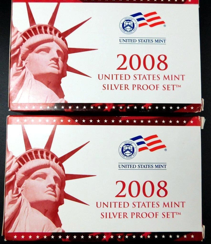 2008 United States Mint Silver Proof Sets, (2): Two 2008 United States Mint Silver Proof Sets featuring coins struck in 90% silver Includes proof versions of the years circulating coins, encapsulated in a presentation case Packaged in two original 