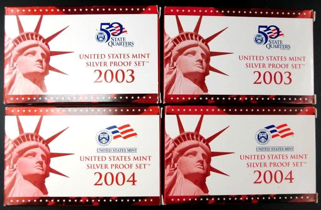 2003 and 2004 United States Mint Silver Proof Sets, (4 Sets): Lot including two 2003 and two 2004 United States Mint Silver Proof Sets Each set is housed in its original packaging and contains five state quarters struck in 90% silver, featuring designs from the 