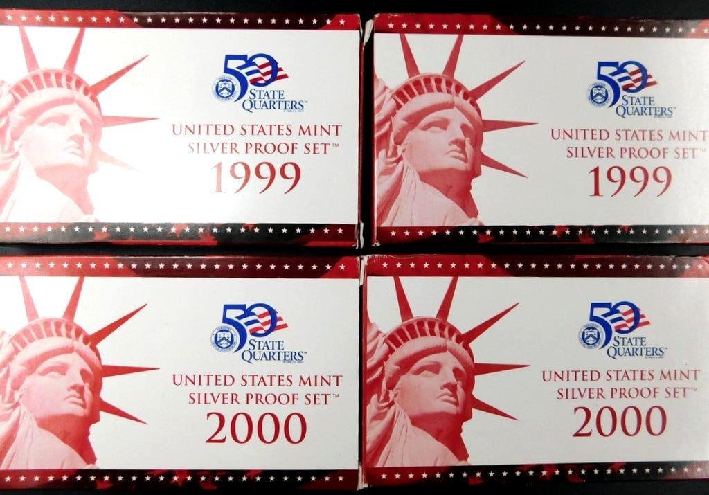 1999-2000 United States Mint Silver Proof 50 State Quarters Sets, (4): Four United States Mint Silver Proof Sets from 1999 and 2000, celebrating the 50 State Quarters program Each set contains five silver proof quarters representing states released during the respective 