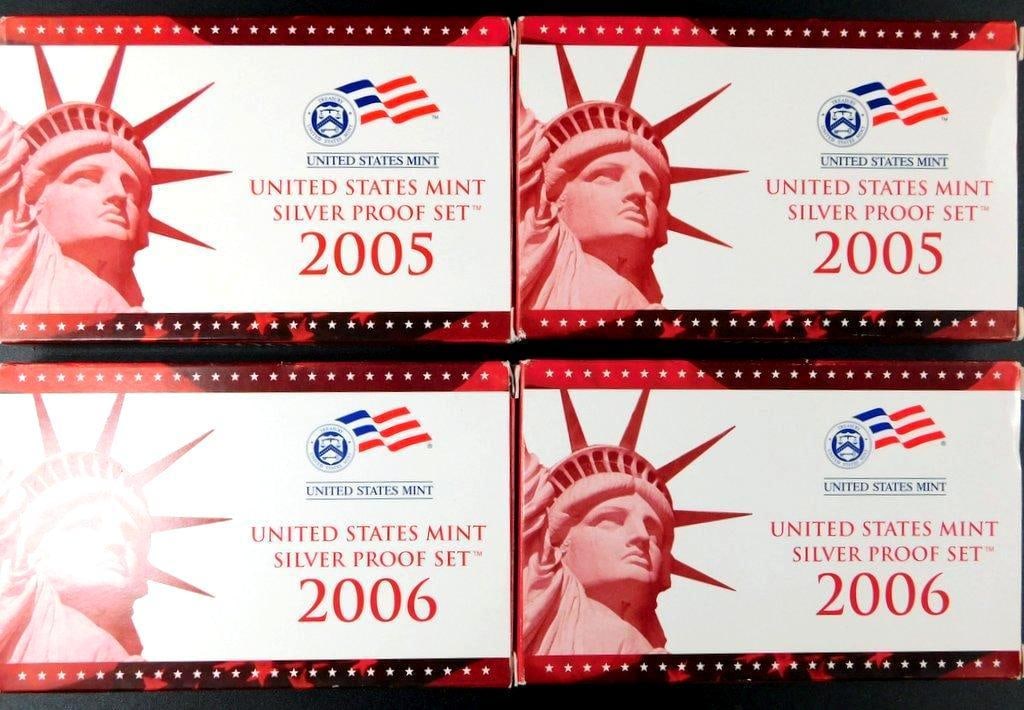 2005 and 2006 United States Mint Silver Proof Sets, (4): Four United States Mint Silver Proof Sets, including two from 2005 and two from 2006 Each set contains proof coins struck in 90% silver and comes in the original government packaging featuring the Sta