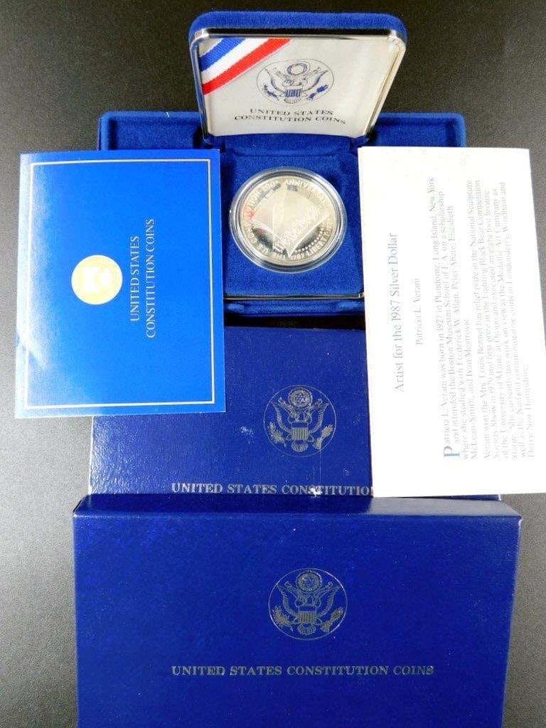 United States Constitution and Liberty Coin Sets in Original Packaging, (2): Two United States commemorative coin sets in original packaging The United States Constitution coin set includes a 1987 silver dollar celebrating the Bicentennial of the Constitution, designed by