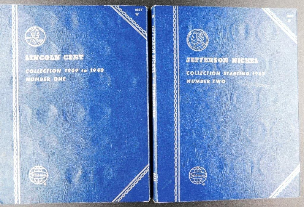 Two Whitman Coin Albums - Lincoln Cent (1909-1940) and Jefferson Nickel (Starting 1962): Coin albums by Whitman Publishing Company The Lincoln Cent Collection (1909-1940) Volume One holds various coins, with some slots filled and others empty The Jefferson Nickel Collection (Starting