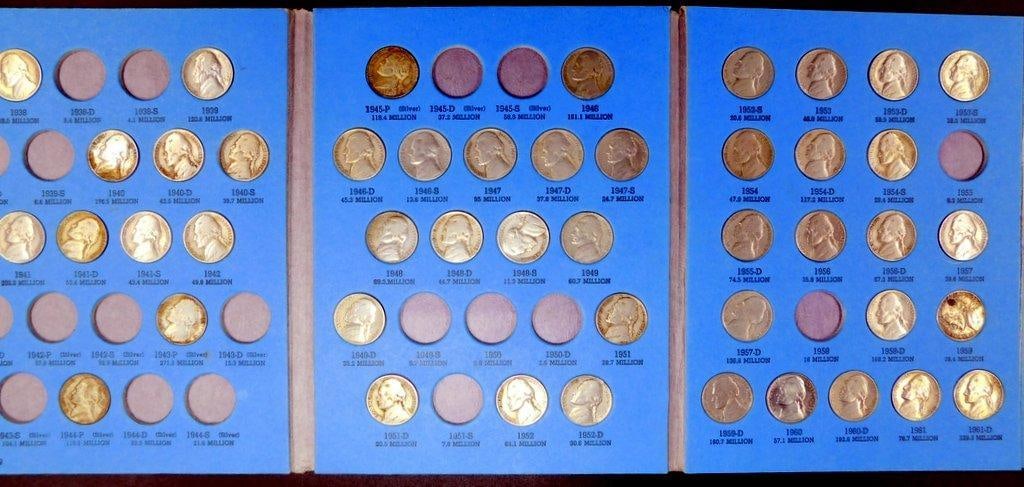 Jefferson Nickel (1938-1961) and Roosevelt Dime Albums Starting 1946, (2): Two Whitman coin albums: Jefferson Nickels covering 1938 to 1961, with numerous coins included, and Roosevelt Dimes starting 1946, featuring a mix of silver and clad coins up to 1974 Coins appear