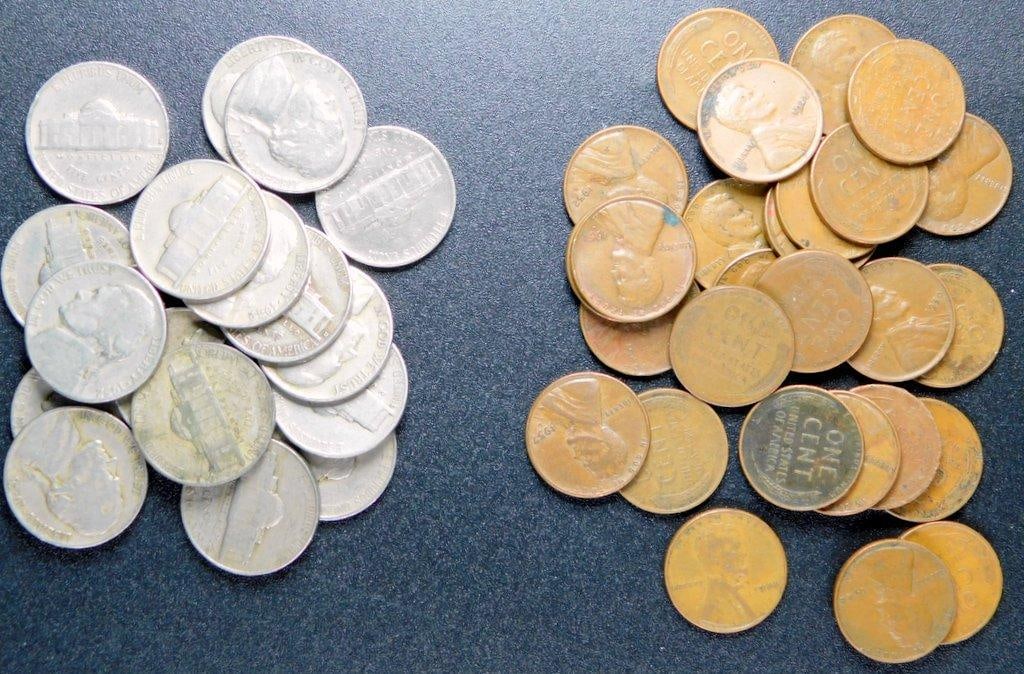 U.S. Coins Including Lincoln Wheat Cents and Jefferson Nickels, Unsearched: Unsearched by us, as found U.S. coins featuring Lincoln Wheat Cents and Jefferson Nickels The Wheat Cents display the One Cent reverse design, while the Jefferson Nickels feature the Monticello