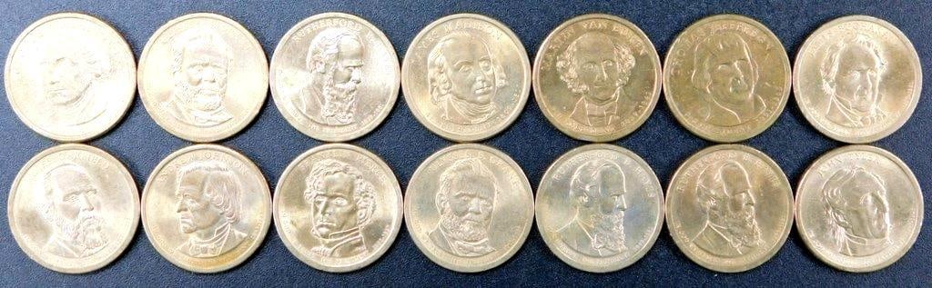 United States Presidential $1 Coins, (14): 14 United States Presidential $1 coins, featuring various presidents, including George Washington and others, with the Statue of Liberty depicted on the reverse Made of golden-colored alloys Coins