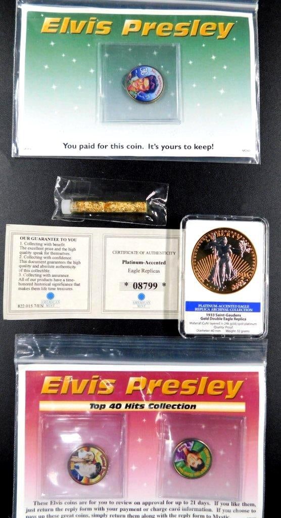 Elvis Presley Coin Set, 1933 Saint-Gaudens Gold Double Eagle Replica and Vial of Gold Leaf Flakes: Includes an Elvis Presley coin set featuring a single coin and a Top 40 Hits Collection with two colorized coins Also includes a 1933 Saint-Gaudens Gold Double Eagle replica made of CuNi layered in 24