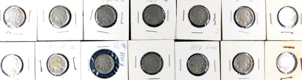 Buffalo Nickels, Various Dates and Conditions, (14): 14 Buffalo nickels in coin holders, featuring various dates including 1918, 1929, 1934-D, and others Coins are labeled with apparent grades ranging from Good (G) to Very Good (VG) Backside of nickels