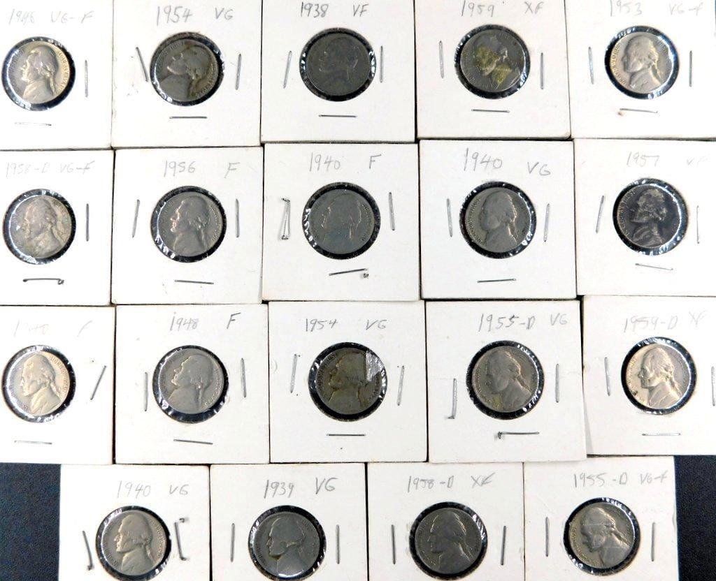 Grouping of Jefferson Nickels w/ Various Grades and Dates, (19): Lot consists of 19 Jefferson nickels dating from 1938 to 1959, housed in cardboard 2x2 holders The coins are in grades ranging from VF (Very Fine) to XF (Extra Fine), as noted on the holders by