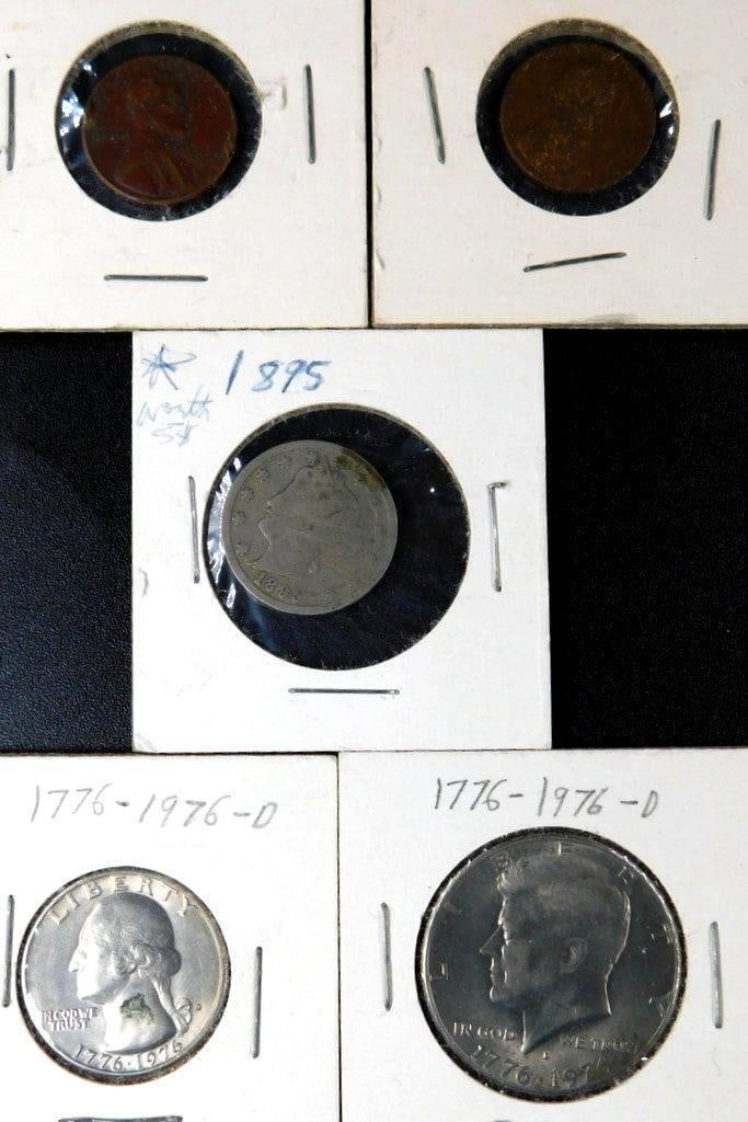U.S. Coins Including 1895 Liberty Nickel, 1955-S Wheat Penny, and Bicentennial Coins (1 of 9)