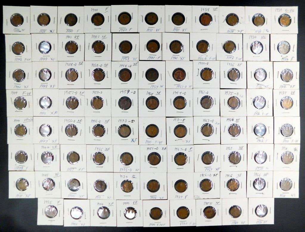 Grouping of Wheat and Lincoln Pennies in Cardboard Holders, (86): Large amount of Lincoln pennies, spanning various years and grades from Fine to Extra Fine as marked Coins are individually stored in protective cardboard holders, labeled with year and