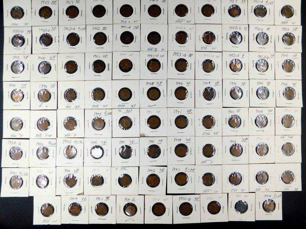U.S. Lincoln Wheat Cents Grouping in Individual Holders, (86): Grouping of U.S. Lincoln Wheat Cents ranging from the 1920s to the 1950s Each coin is in its own individual holder labeled with the year, mint mark, and condition (graded by previous owner, ranging