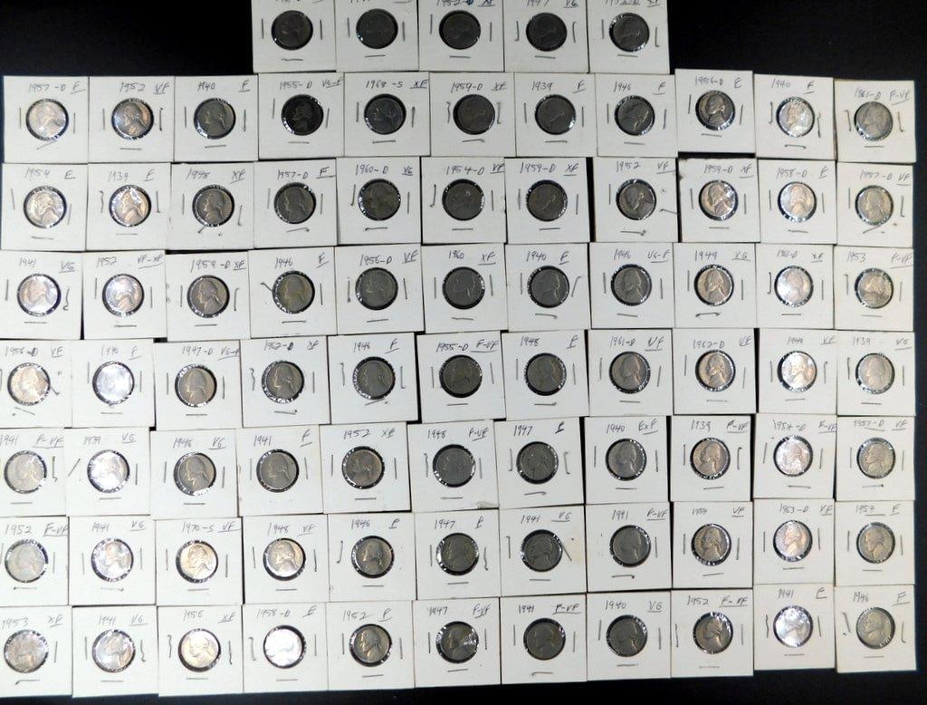Jefferson Nickels Grouping in Individual Holders, (82): 82 Jefferson Nickels, each encased in individual holders with hand-labeled dates and condition grades (e.g., Fine, Very Fine, Extra Fine) Coins span various years, including 1939, 1940, 1952, 1954,