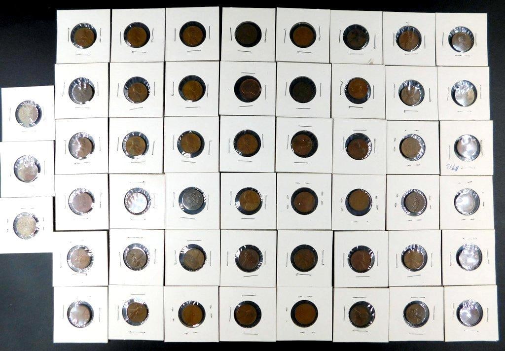 Grouping of Lincoln Wheat Pennies in Holders, (51): Lincoln Wheat Pennies individually mounted in 2x2 cardboard holders Several visible dates include 1944 and earlier Coins display varying levels of circulation wear and patina The collection may