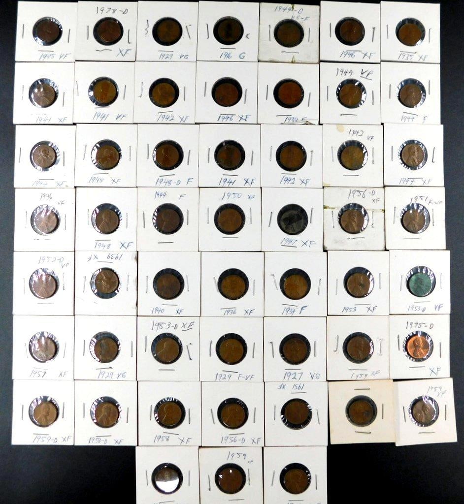 51 Wheat Pennies in Paper Holders, 1927 to 1958: Large coin collection featuring US Wheat Pennies housed in individual paper holders, marked with years and conditions ranging from Good (G) to Extra Fine (XF) Includes notable dates such as 1927,