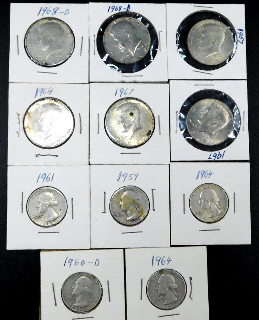 U.S. Half Dollars and Quarters, Dates 19541968: Lot contains a group of U.S. coins in cardboard holders, featuring Kennedy half dollars (1964, 1967, 1968-D) and Washington quarters (1954, 1960-D, 1961, 1964) Coins show varying conditions from circu