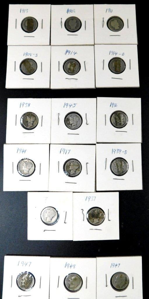 Grouping of Barber, Mercury, and Roosevelt Dimes Spanning 1905-1948: Collection of 17 U.S. coins, including Barber dimes (1905, 1905-S, 1911, 1914, 1914-D), Mercury dimes (1937, 1938, 1939-S, 1941, 1945), and Roosevelt dimes (1947, 1948) Coins are encased in
