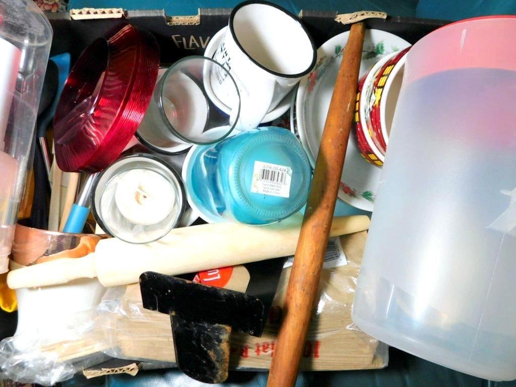 Large Box Full of Kitchenware Including Rolling Pins, Cups, and Utensils (1 of 7)