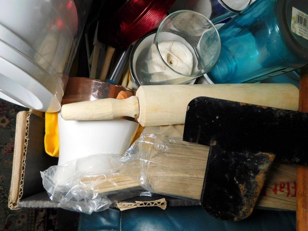 Large Box Full of Kitchenware Including Rolling Pins, Cups, and Utensils - 3