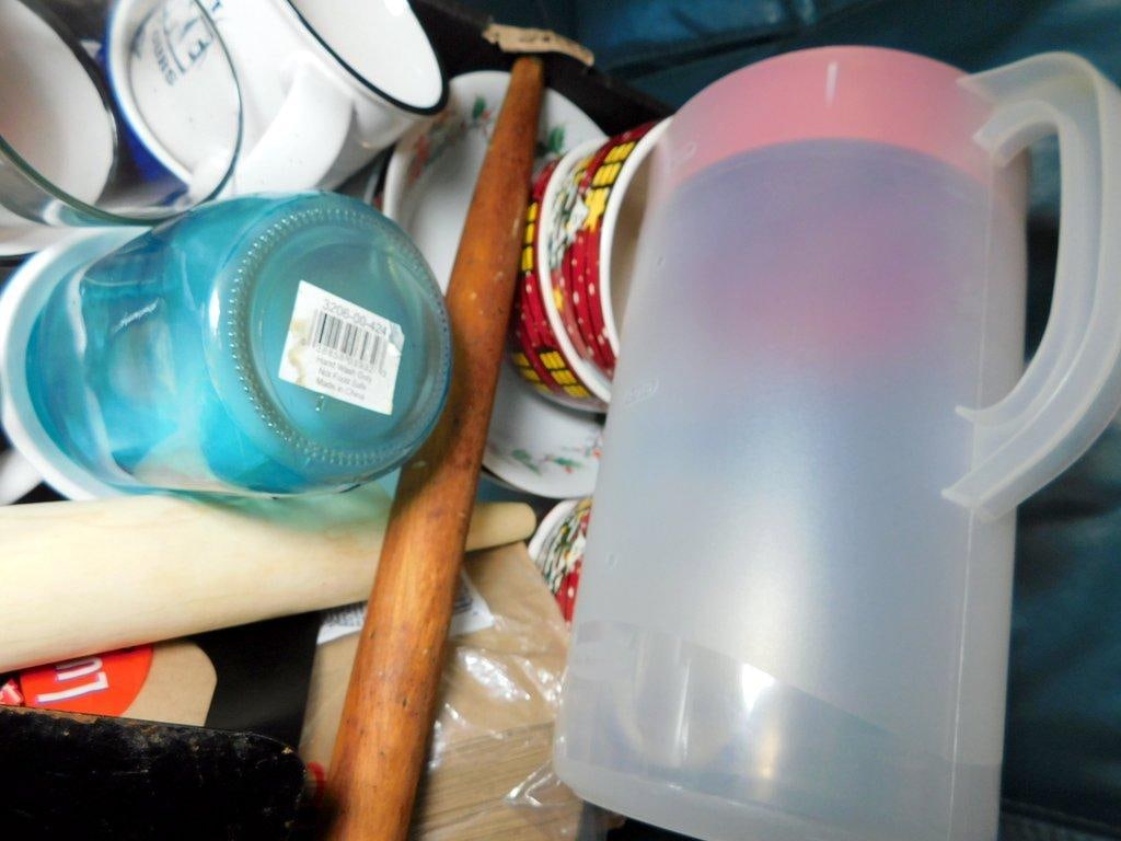Large Box Full of Kitchenware Including Rolling Pins, Cups, and Utensils - 4