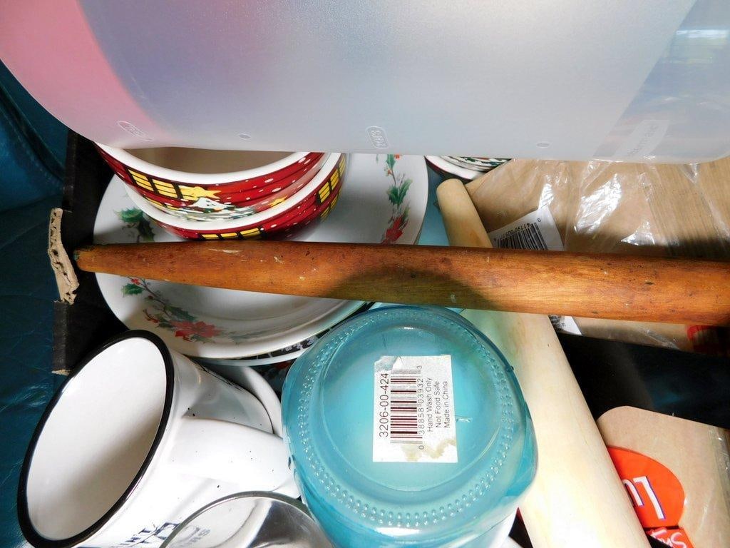 Large Box Full of Kitchenware Including Rolling Pins, Cups, and Utensils - 5