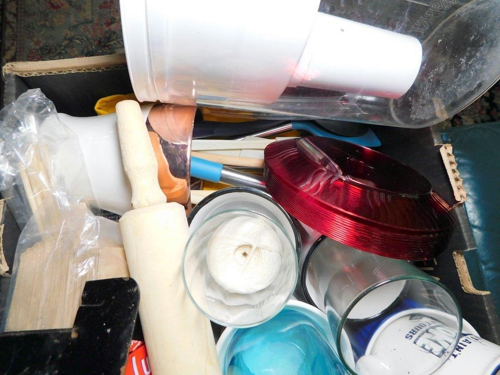 Large Box Full of Kitchenware Including Rolling Pins, Cups, and Utensils - 6