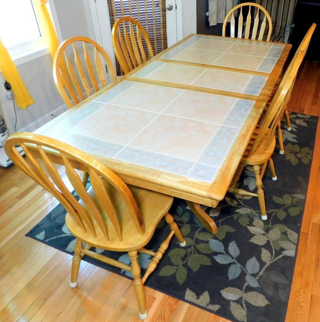 Oak Dining Table w/ Tiled Top and 6 Wooden Chairs - 12