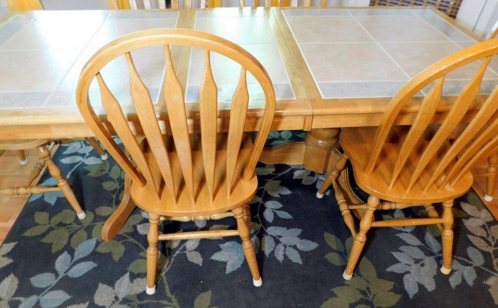 Oak Dining Table w/ Tiled Top and 6 Wooden Chairs - 2