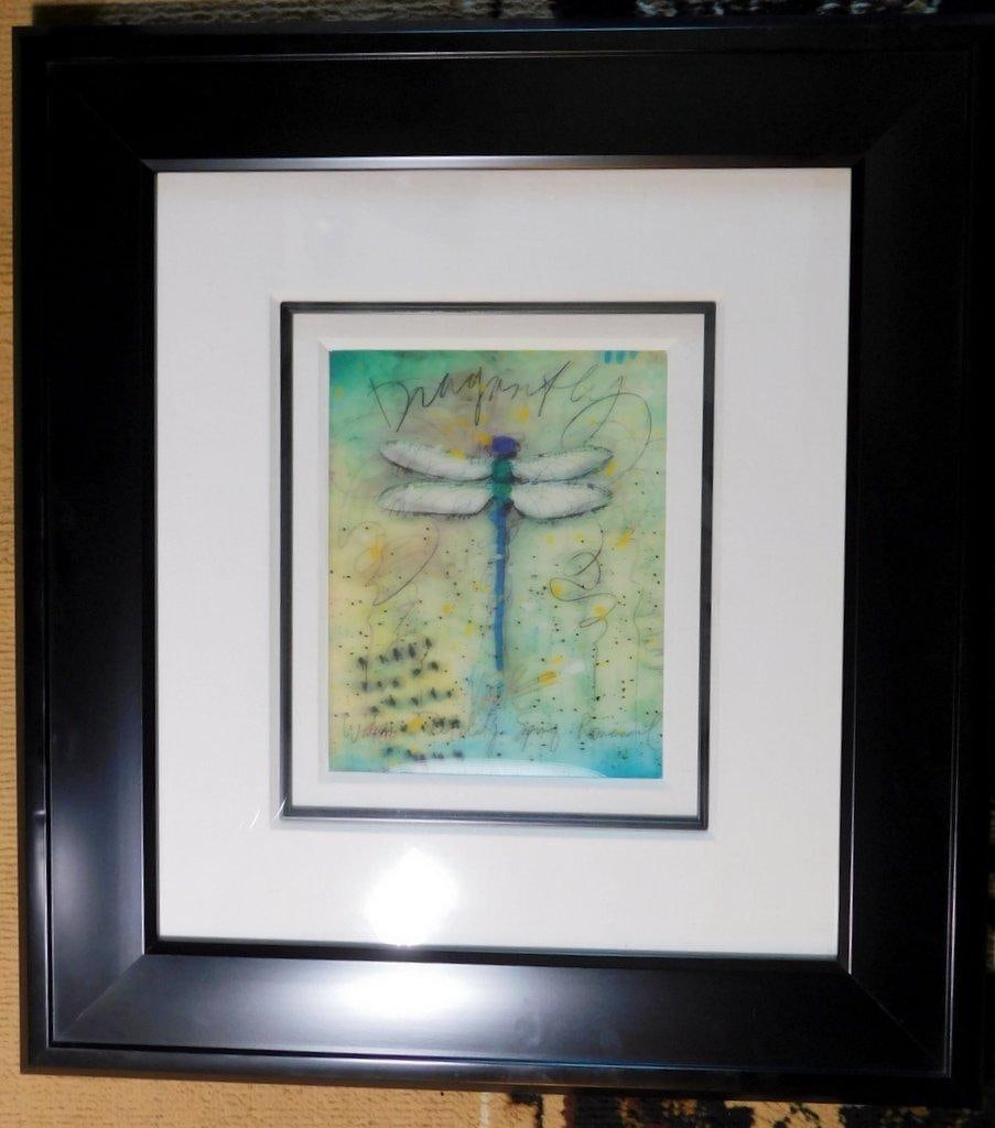 Tim Yanke, 'Blue Revival' Limited Edition Caldograph, Framed and Signed: Tim Yanke's Blue Revival is a limited edition, numbered 227/350 and hand-signed by the artist It features a vivid dragonfly motif with abstract elements, showcasing Yanke's signature style The