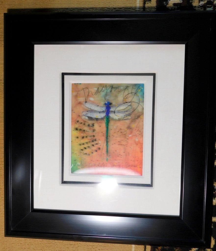 Tim Yanke "Red Revival" Limited Edition Dragonfly Artwork, Framed and Signed: Limited edition artwork titled Red Revival by contemporary artist Tim Yanke Features a vibrant dragonfly design in a mix of colors, signed and numbered by the artist as 213/350 Presented in black
