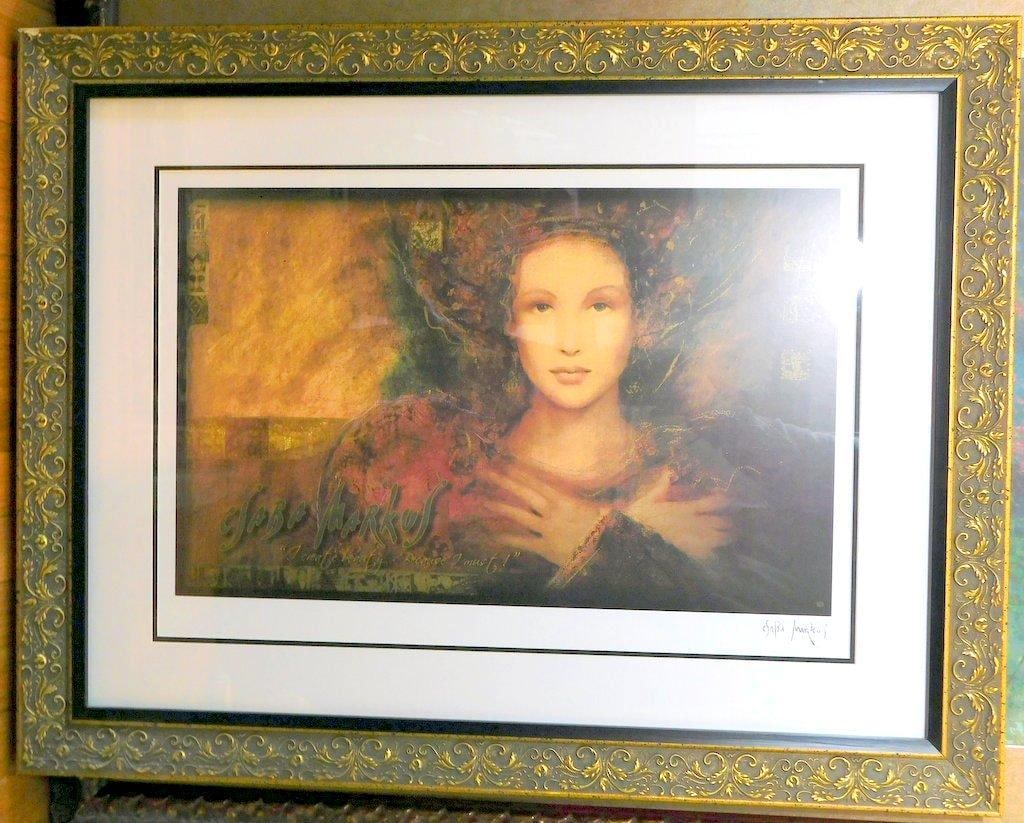 Csaba Markus 'Triumph of Venus' Seriolithograph w/ Ornate Gold Frame: Csaba Markus Triumph of Venus seriolithograph featuring a female portrait with vibrant colors and intricate details The artwork is framed with a decorative gold and black motif frame and matted u