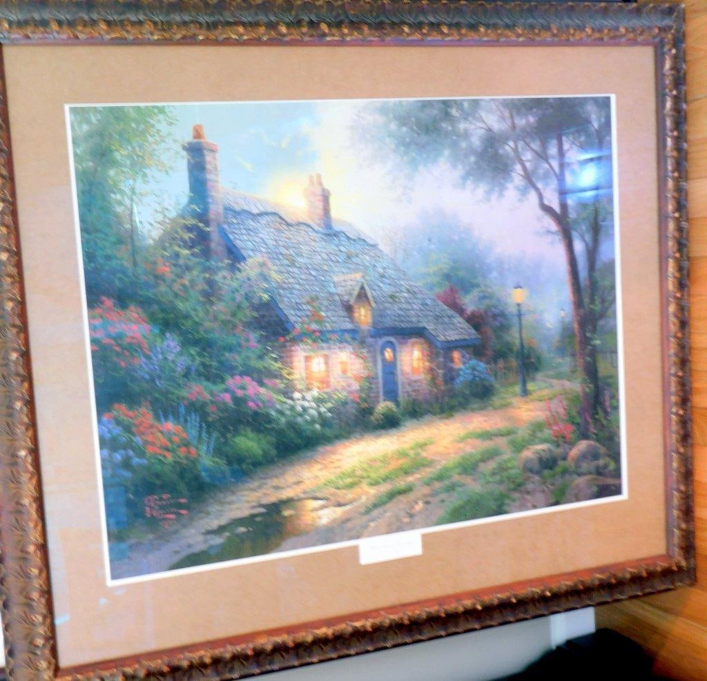 Thomas Kinkade 'Moonlight Cottage, Places in the Heart III' Framed Artwork: Thomas Kinkade Moonlight Cottage, Places in the Heart III artwork, featuring a serene cottage scene surrounded by lush foliage The piece is faux-signed by the artist and includes Bible reference
