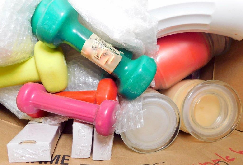 Household Items Including Mixing Bowls, Dumbbells, and Candles - 7