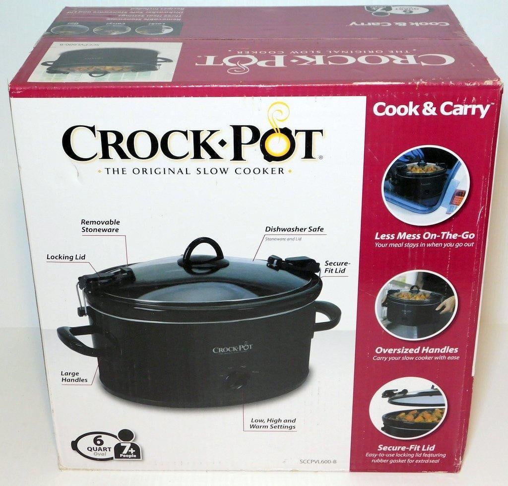 New in Box Crock-Pot 6-Quart Cook & Carry Slow Cooker w/ Secure-Fit Lid: Crock-Pot 6-quart Cook & Carry slow cooker designed with a removable stoneware insert and secure-fit locking lid for convenient transport Features include dishwasher-safe components, three heat se