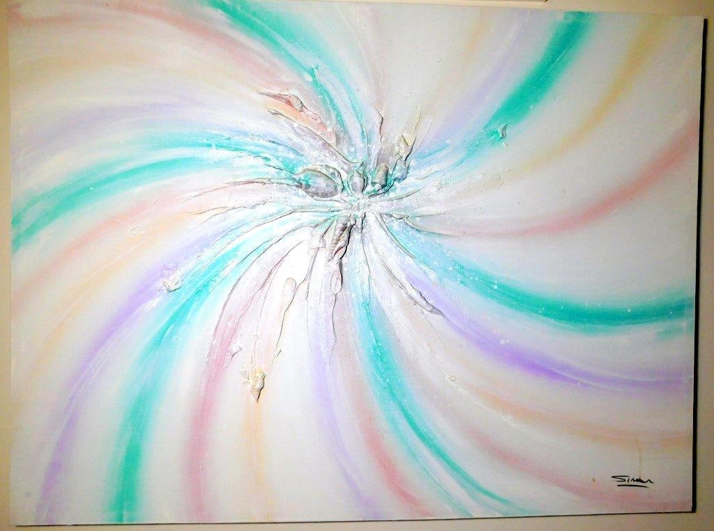 Abstract Mixed Media Painting Signed 'Simon': Abstract mixed media artwork featuring swirling patterns in pastel hues, including green, pink, purple, and blue, accented with raised textures emphasizing the central focal point The artwork is