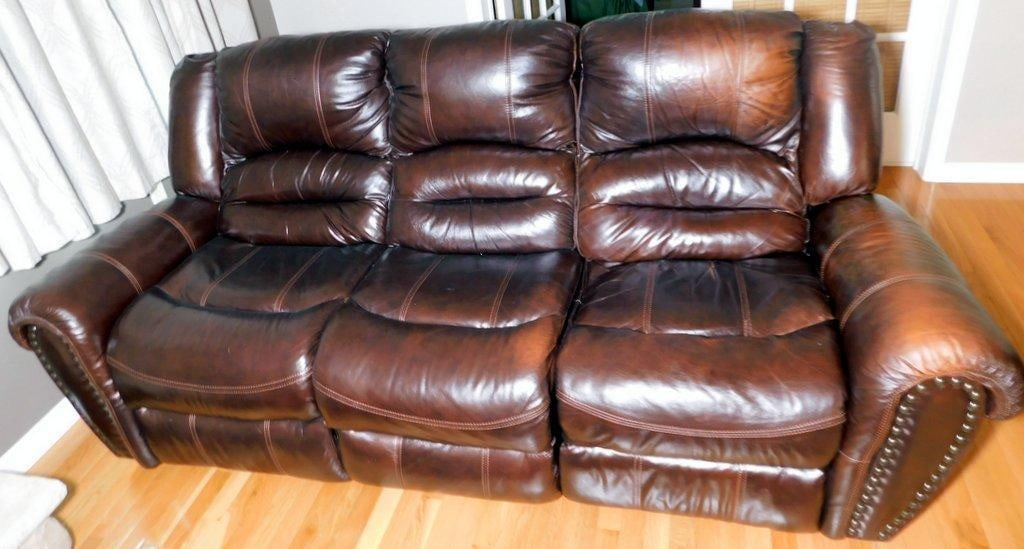 Brown Leather Reclining Sofa w/ Nailhead Trim (1 of 11)
