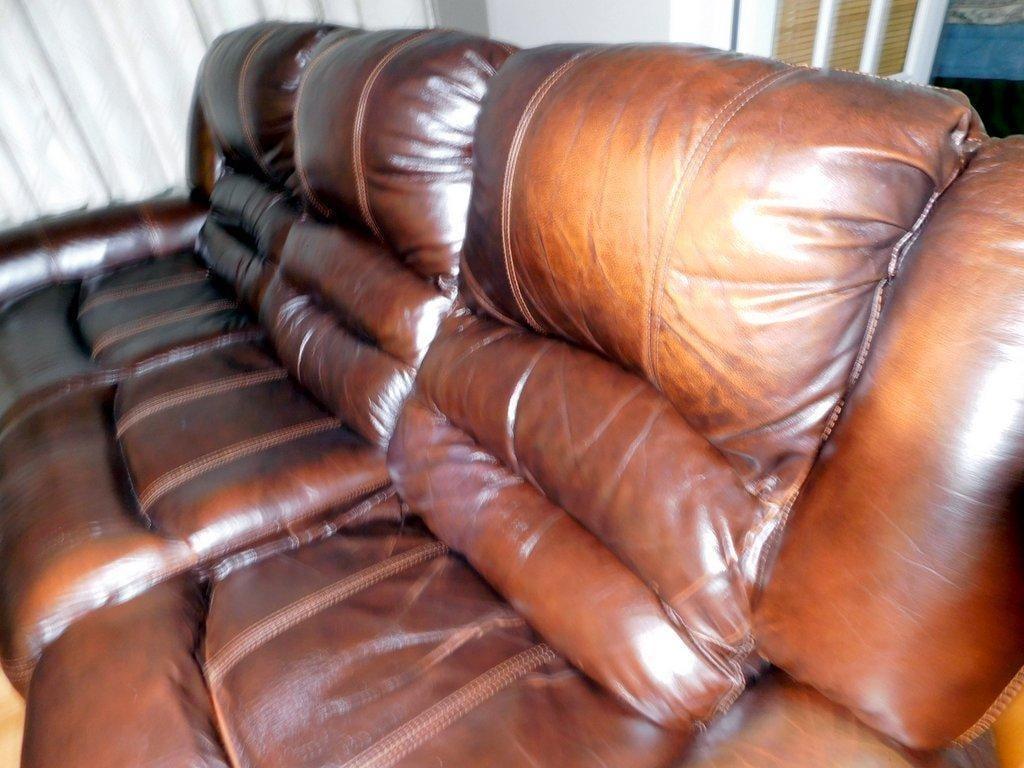 Brown Leather Reclining Sofa w/ Nailhead Trim - 5
