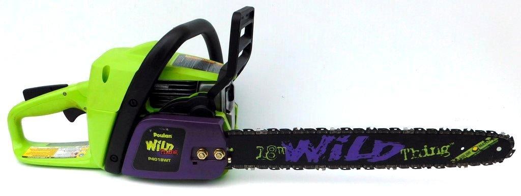 Poulan Wild Thing 40cc 18-Inch Gas Chainsaw w/Case, Used Once: Only used once in an emergency Poulan Wild Thing gas chainsaw featuring a 40cc engine and 18-inch bar Model P4018WT in a distinctive green and purple design Comes with original hard plastic