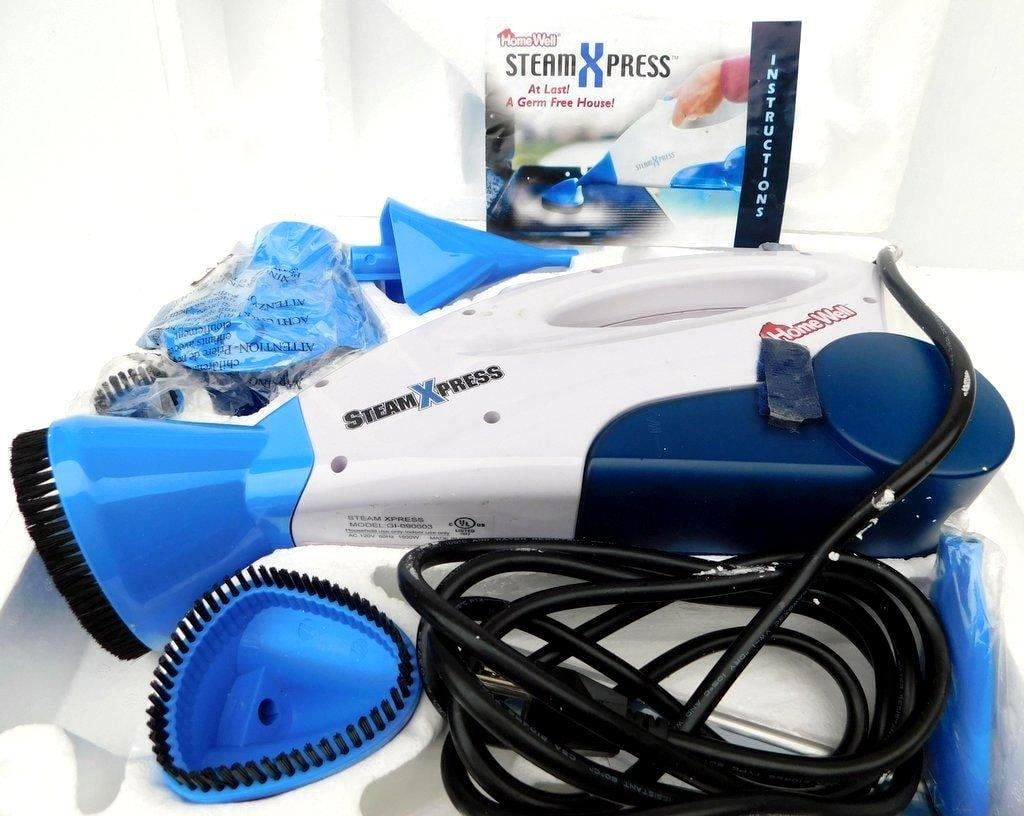 HomeWell Steam Xpress Handheld Steamer w/ Accessories: HomeWell Steam Xpress handheld steamer, designed for household cleaning and sanitization Includes multiple interchangeable blue attachments, a funnel, and instruction manual Compact design with a