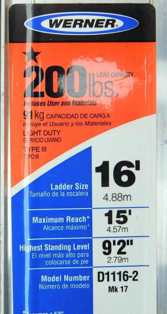 Werner D1116-2 16-Foot Aluminum Extension Ladder, Type III, 200 lb Capacity - 3