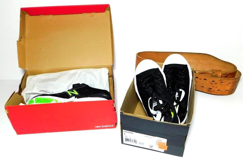 Two Pairs of Youth Shoes and Leather Weightlifting Belt: Includes one pair of Converse All Star shoes (US youth size 1, UK size 13.5, EU size 32, 19.5 cm) in black with box, one pair of New Balance YA680BG shoes (US kids size 2 W, UK size 1.5, EU size