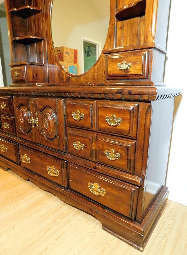 Wooden Matching Bedroom Set with Mirror, Drawers, and Carved Accents - 11