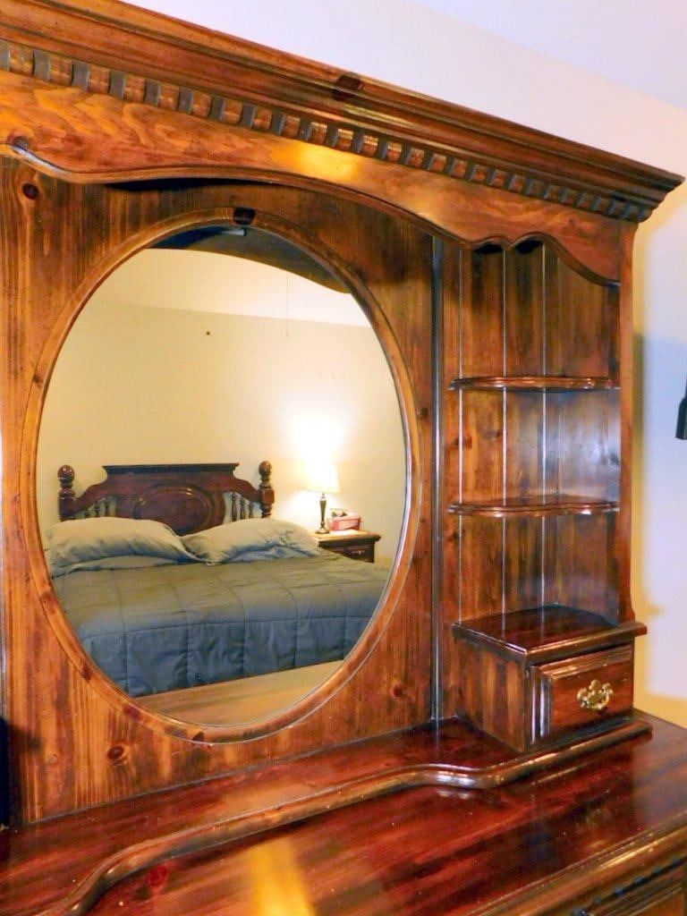 Wooden Matching Bedroom Set with Mirror, Drawers, and Carved Accents - 6